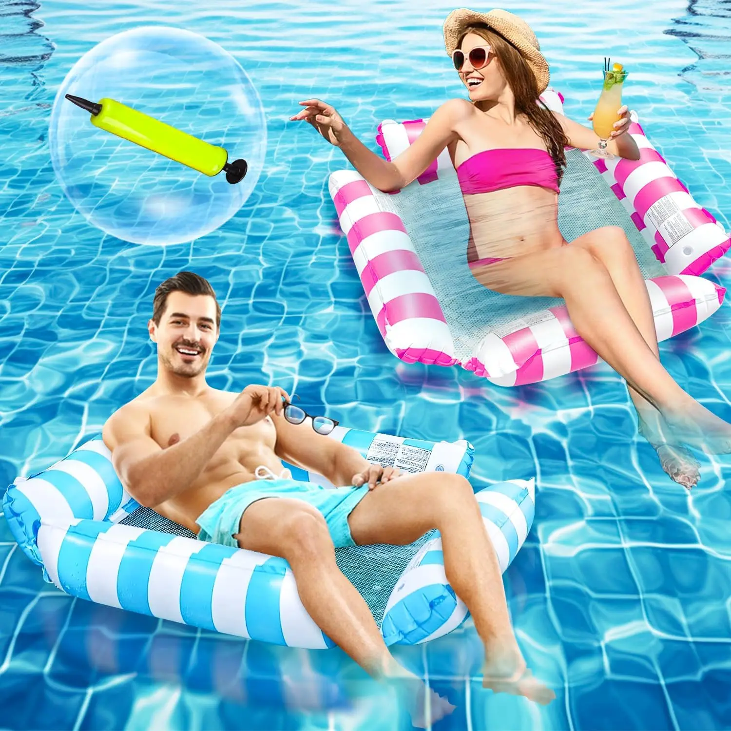 2-Pack Inflatable Water Hammock Pool Float for Adults – 4-in-1 Floating Chair, Lounge, Saddle & Drifter – Comfortable Pool Lounger with 4 Tubes for Summer Fun at Pool, Lake & Beach