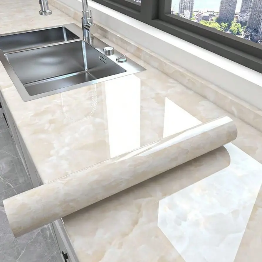 Waterproof Self-Adhesive Marble Wallpaper – Beige Marble Contact Paper for Kitchen Countertops, Cabinets, Desks, Walls & Home Décor