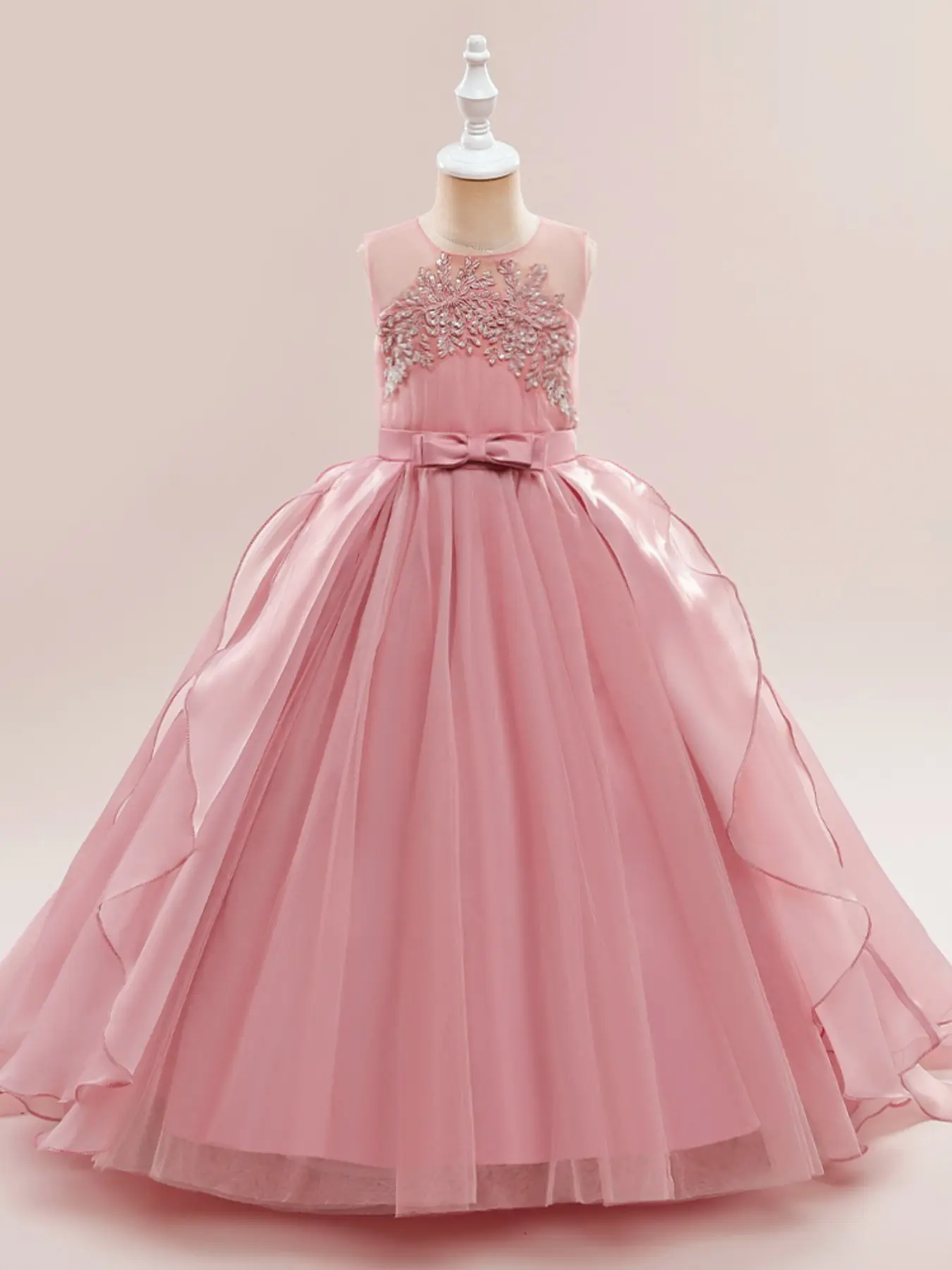 Pink Kids Beading Embroidered Long Ball Gown Tulle Overlay Tutu Dress Performance Princess Formal Evening Party Pageant Prom Dress Flower Girls Kindergarten Graduation Dress Season 7 to 12 Years, Kindergarten Graduation Outfit
