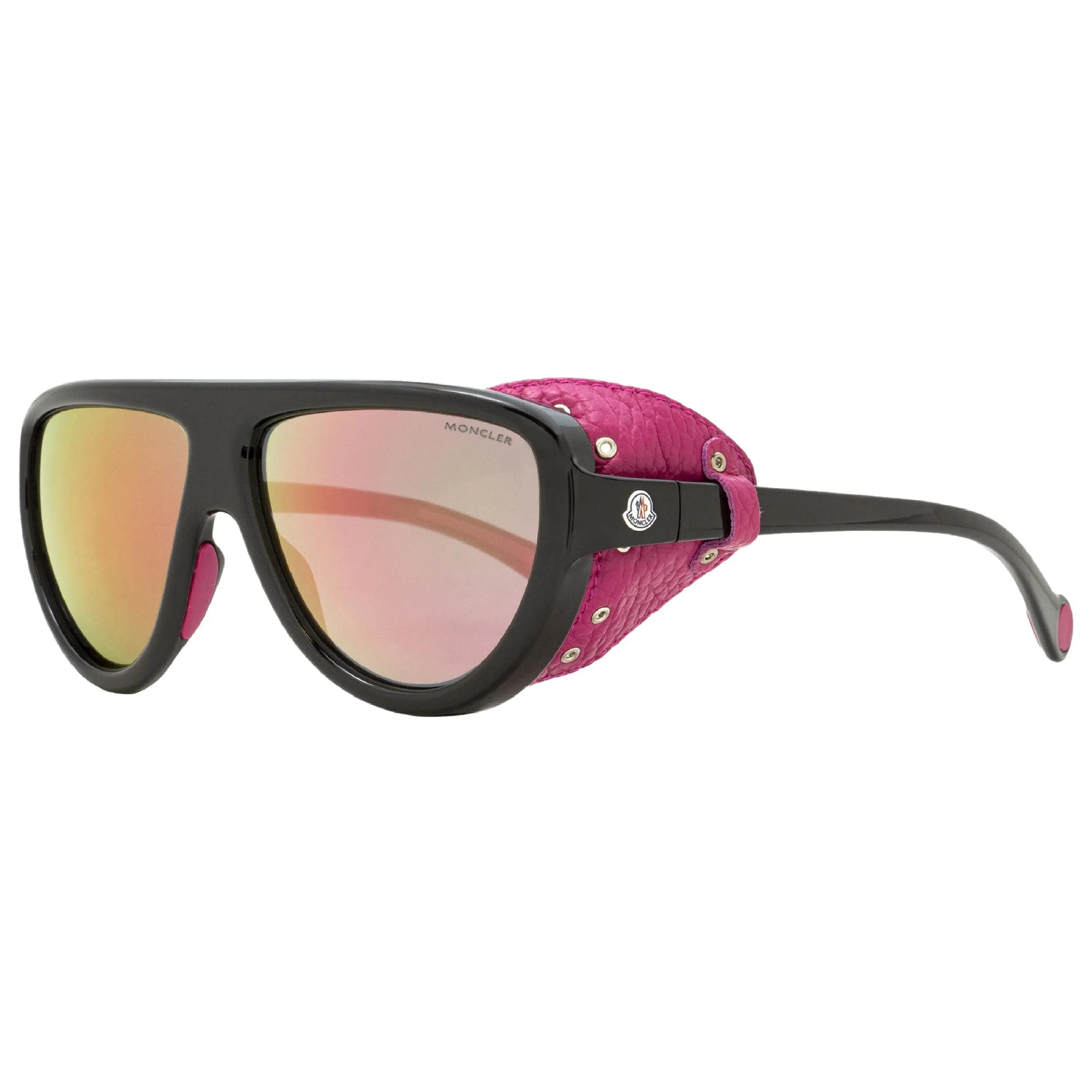 Moncler Shield UV Protection Aviator Glasses Men's Sunglasses ML0089-01Z, Black-Pink Leather Frame, 57mm, Removable Tips, Flexible Wire Temple Tips, High Endurance, Aviator Lens, Eyewear Fashion