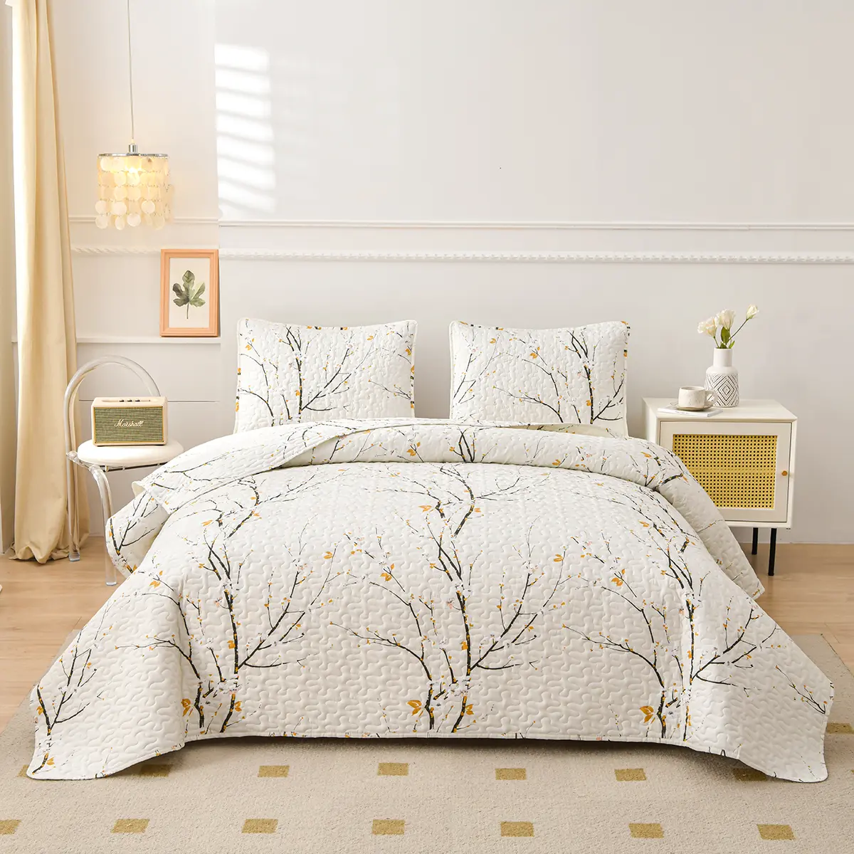 Freehang Plum Blossom Reversible Stiched  Quilt Set, 3-Piece Bedspread Set, Lightweight Boho Printed Bedspread Coverlet All Season Bedding Set with 2 Pillow Shams, Soft Microfiber King/Queen Size Bed Cover for Bedroom Decor