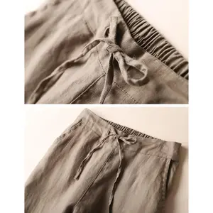 Women's Tapered Pants 100% Linen Drawstring Back Elastic Waist Ankle Length Pants