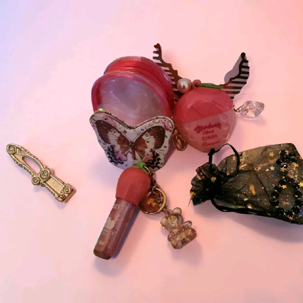 Coquette Aesthetic Complete Fashion Accessory Set - Compact Bag, Butterfly Mirror, Strawberry Scent Hand Cream, Lip Gloss, Kawaii Keychain for Daily Use, Vibrant, Polished Look, Radiant Finish