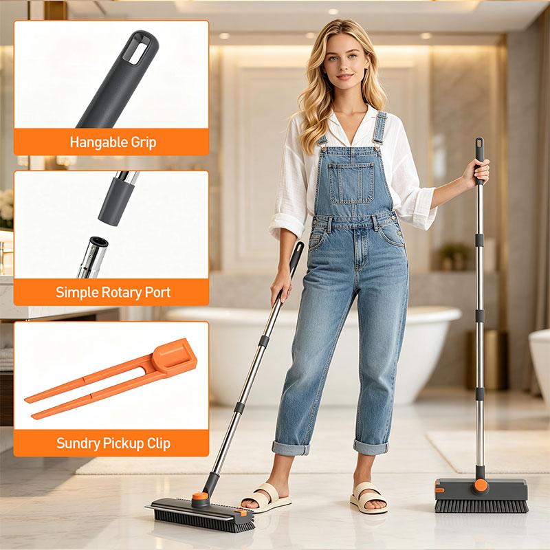 3-in-1 Floor Scrub Bathtub Brush with Long Handle, Double-Sided, Heavy-Duty Stiff Bristles & Squeegee – Scrape & Scrub for Shower, Bathroom, Patio, Garage, Kitchen, Wall & Deck – Home Cleaning duster brush   floor drain brush