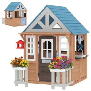 Wooden Kids Playhouse with Pet Door, Play Kitchen, Mailbox, Doorbell, Birdhouse, Fence and Windows for Pretend Play
