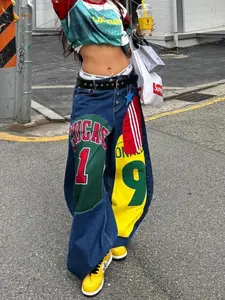 Women's Basketball Jersey Patchwork Baggy Jeans, Ultra-Wide Leg Denim Pants with Chicago 1 & 9 Patches, Y2K Sporty Streetwear