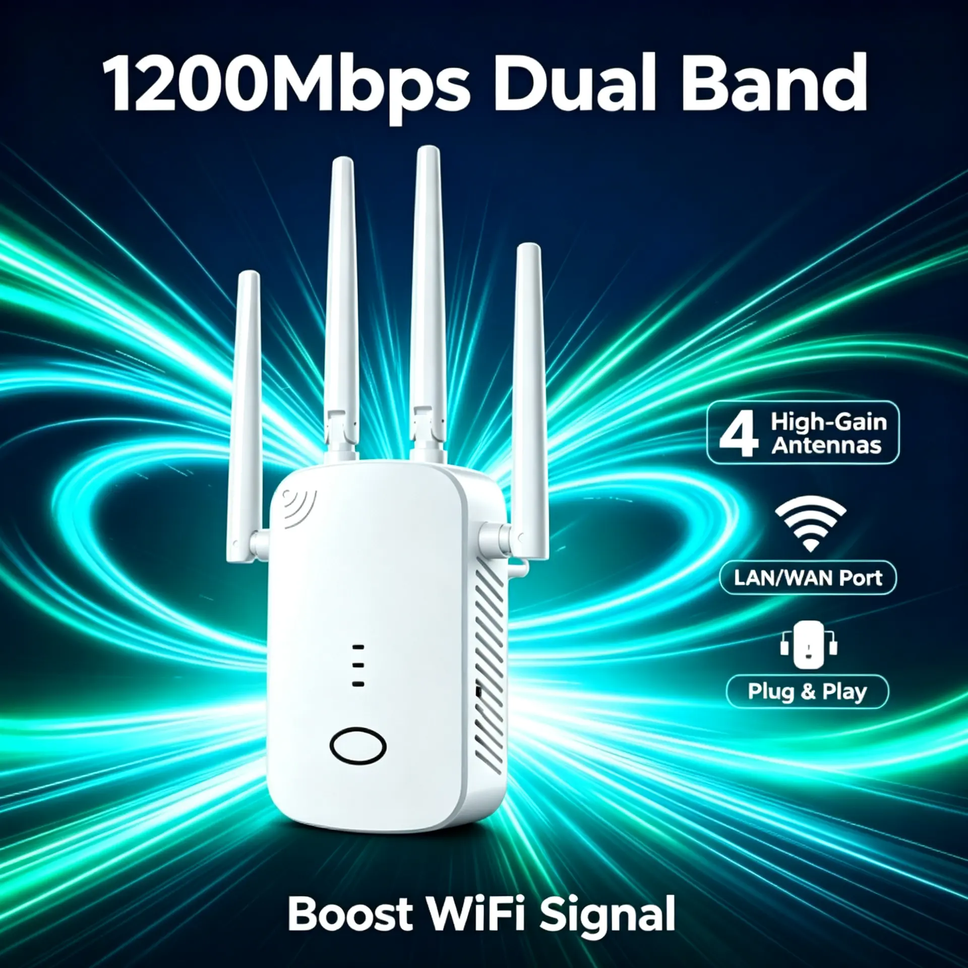 1200Mbps Dual Band Wireless Signal Repeater - 5.8GHz/2.4GHz Multi-Band Wi-Fi Network Extender, Plastic Body, Plug-And-Play, Wired/Wireless Connectivity, AP Mode, Home Use Range Booster, Gaming-Optimized Adapter, Multi-Band Wi-Fi Repeaters