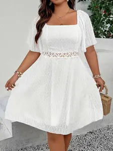 Women's Plus Size Fashion Lace Patchwork Shirred Elegant Dress, Short Sleeve Knee Length Loose Fit, Casual Wear, All Seasons Woven Fabric