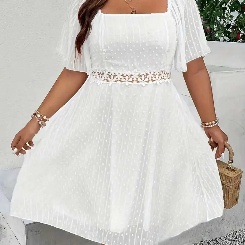 Women's Plus Size Lady Fashion Lace Patchwork Shirred Elegant Beachy Style Dress, Short Sleeve Knee Length Loose Fit, Casual Wear, Casual Beach Sundress, Summer, Womenswear, All Seasons Woven Fabric, Beach Holiday Dresses