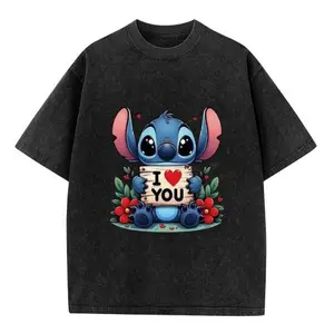 Disney Stitch Holding "I Love You" Sign 230g Washed Cotton Tee for Summer Casual Wear Comfortable Style Gift for Stitch Fans