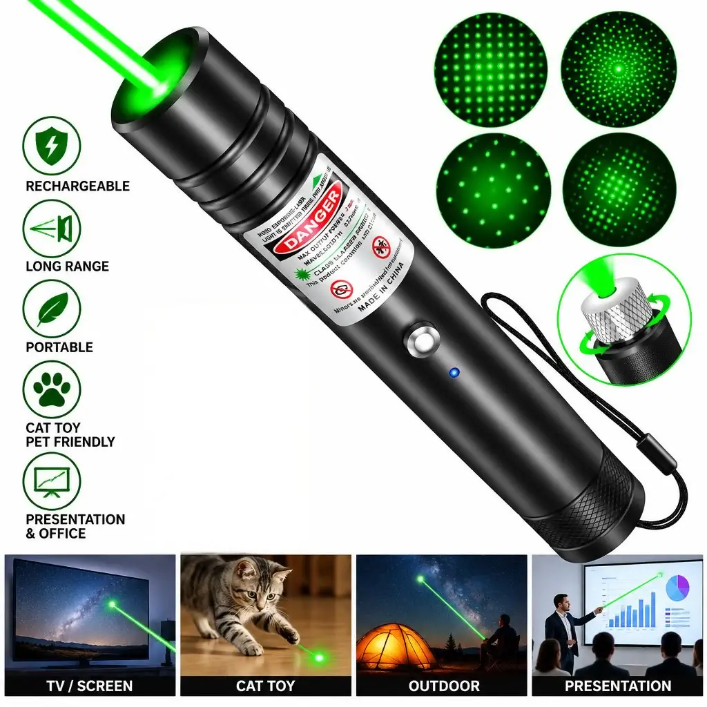 Rechargeable Green Laser Pointer, USB Green Light Cat Toy with Long Range Beam & Starlight Patterns, Line Light Flashlight for Cats & Dogs, Presentation, TV/LED/LCD Screens, Astronomy, Camping, Outdoor Activities & Interactive Pet Play