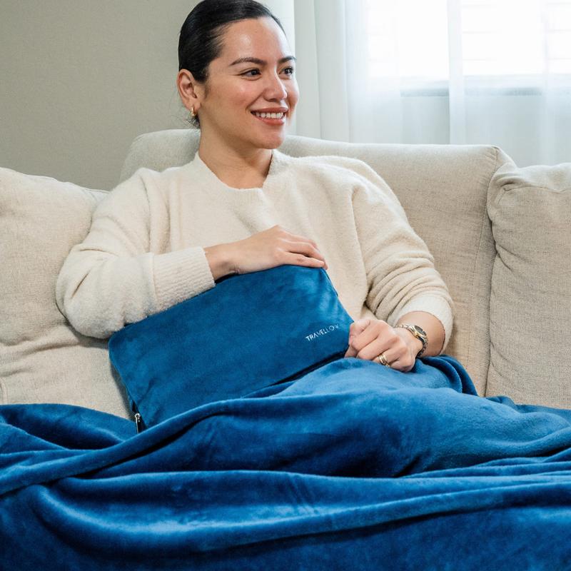 Travellow Travel Pillow and Blanket Set - 4-in-1 Ultimate Travel Kit with Memory Foam Pillow, Travel Blanket, Sleep Mask, and Earplugs-Ultimate Comfort and Coziness for Your Journeys - Blue