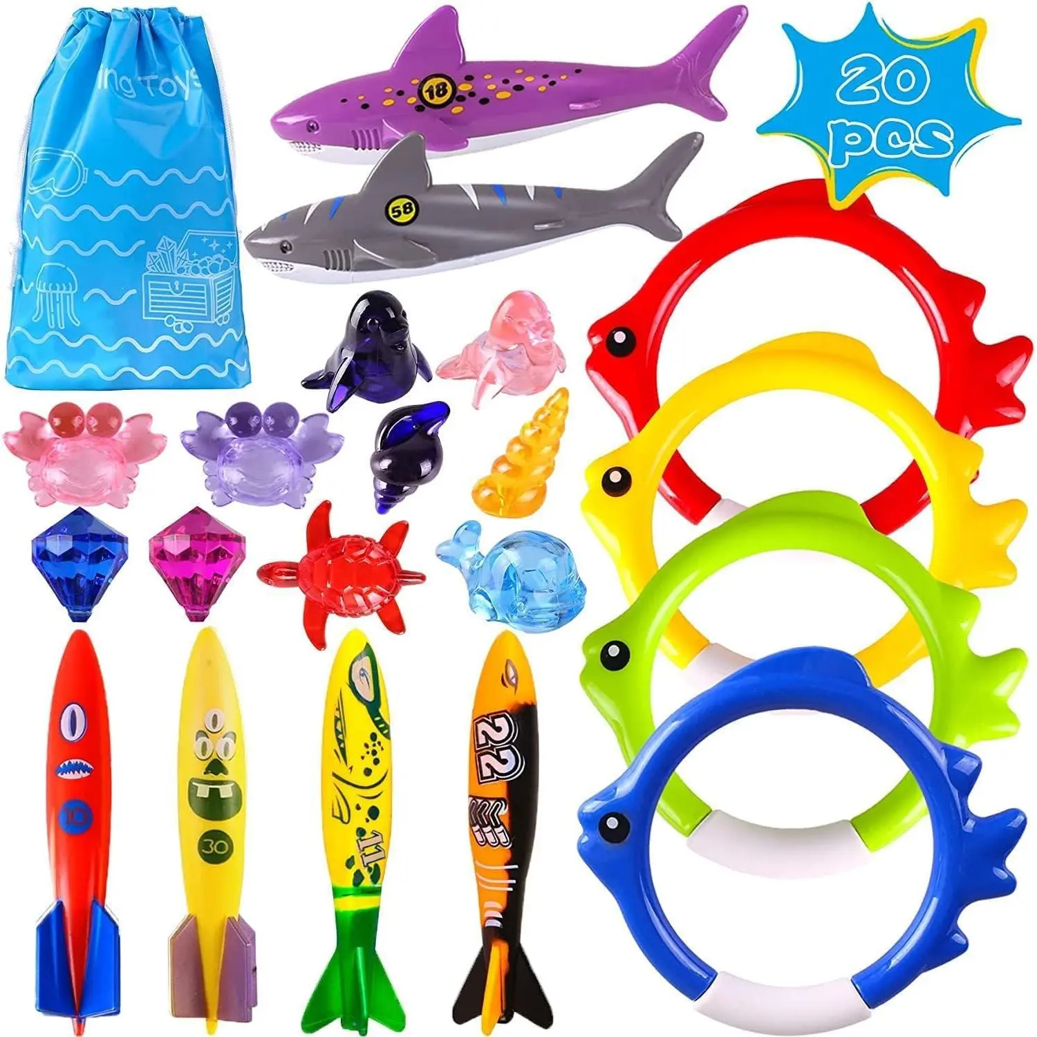 P-TBT0111   Summer Pool Diving Swimming Toys for Kids, Fun Swim Games Sinking Set, Underwater Dive Gifts with Storage Bag Include Torpedo Gems Shark Rings Sea Animals for Boys Girls Toddlers 20 Packs