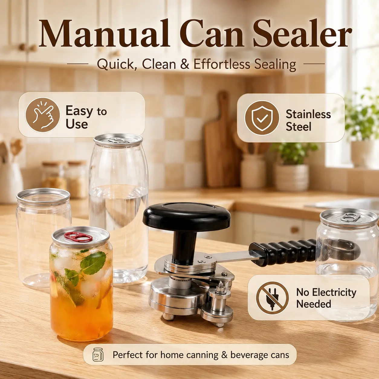 Manual Jar Sealer Pro - Portable stainless steel kitchen sealing tool, a DIY beverage sealing device for home use, suitable for 55mm standard aluminum pull-ring cans and PET plastic cans, a small sealing device,r,semi-automatic sealing machine