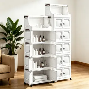 White Foldable Stackable Storage Cabinet with Open Top Shelf & Magnetic Doors – Collapsible Plastic Bathroom Organizer with Lockable Wheels, Tool-Free Assembly Rolling Storage Unit for Laundry Room, Home Organization, Space-Saving Design