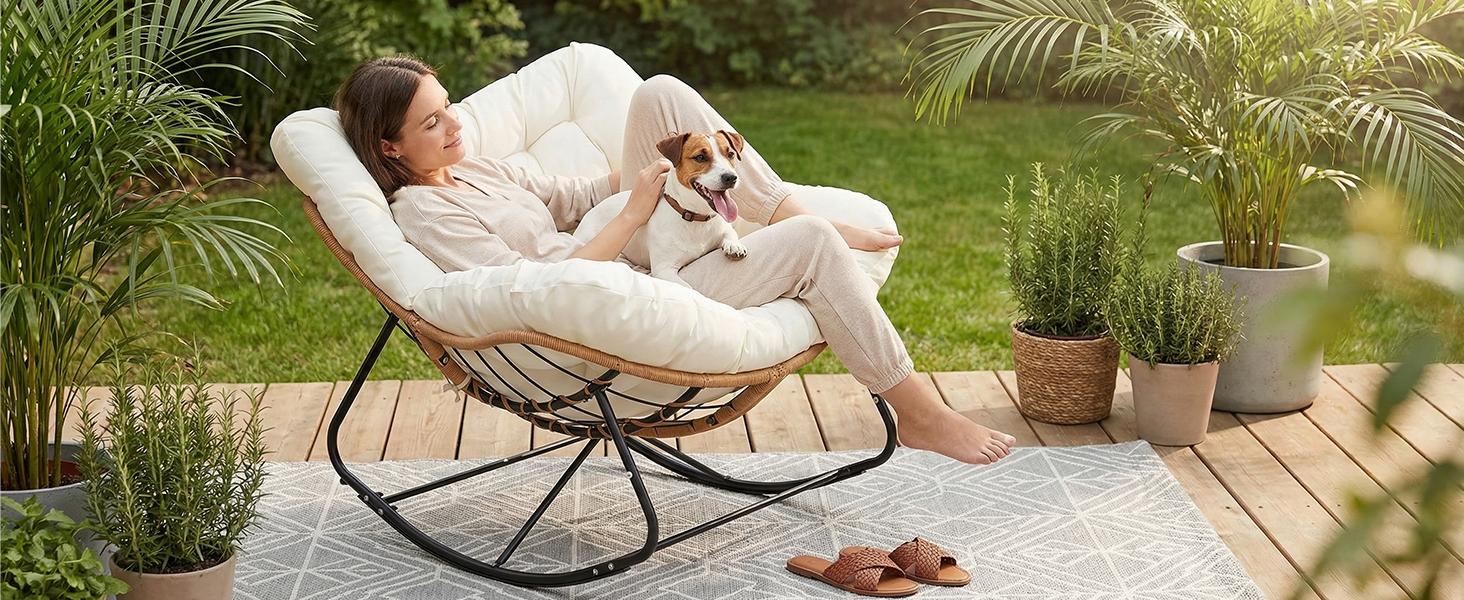 Arlopu Outdoor Papasan Rocking Chair, Oversized Padded Lounge Rocker with Cushion, Comfy Wicker Egg Lounge Chair, Large Indoor Rocking Recliner for Living Room/Porch/Garden