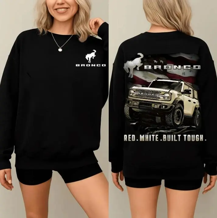 Ford Bronco Built Tough Sweatshirt - Off-Road SUV Graphic Crewneck with American Flag Design - Patriotic Truck Lover Pullover, Unisex Black