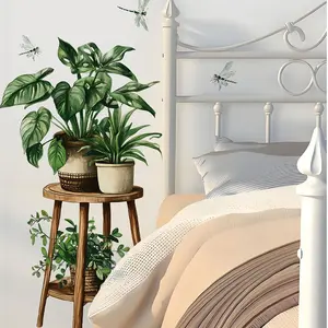Plant Wall Sticker, Adhesive Stickers, Tropical Bonsai Dragonfly Wall Decal, Decorative Decal, Peel and Stick Removable Art Decor for Living Room Bedroom Home Office