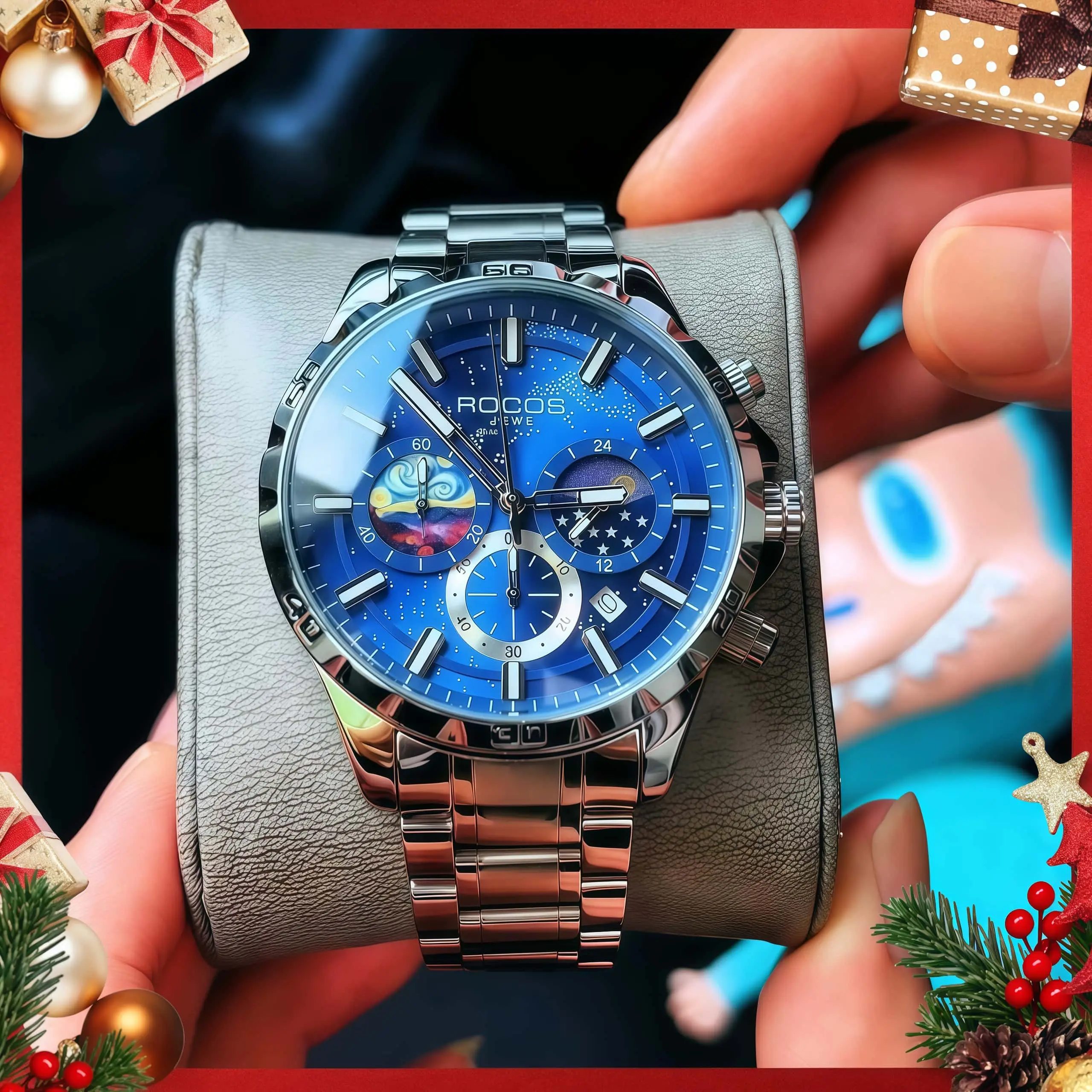 ROCOSJEWE Men's 41mm Oval Pointer Analog Chronograph Quartz Watch - Stainless Steel, 30M-50M Water Resistant, Luminous, Date Display, Contemporary Business Dress Timepiece, Modern Watches, Men's Accessories