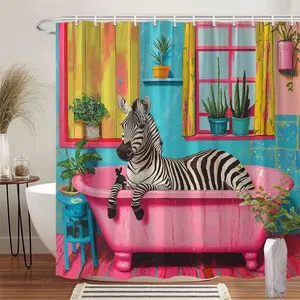 1 Piece Pink Bathtub Fantasy Zebra Shower Curtain - Vibrant Art And Playful Black And White Stripes, Colorful Bathroom Decoration, Durable Polyester Fabric, Comes With , 70x70inch Machine Washable,  Home Decoration