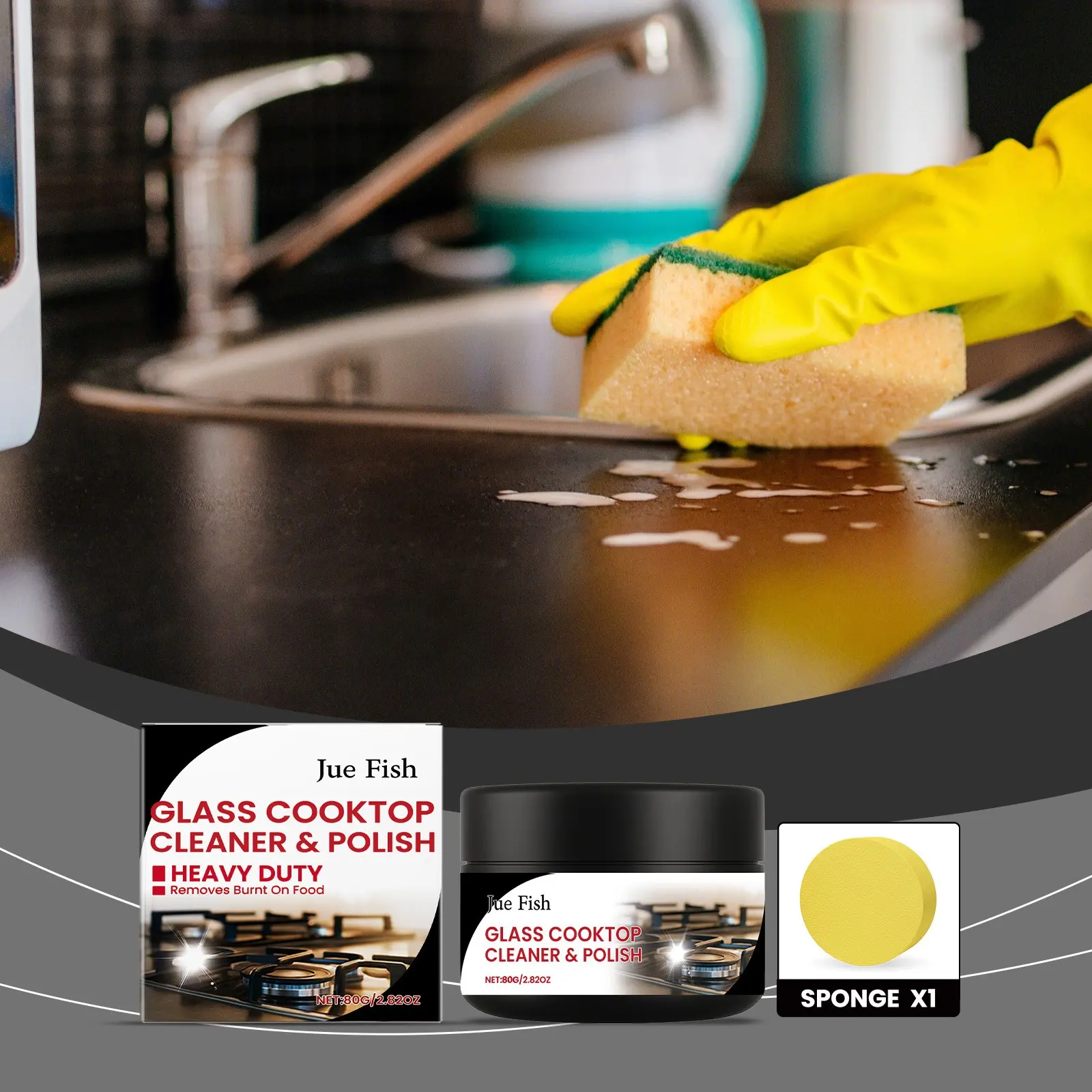 Jue Fish Glass Stove Polishing Cleaner, Kitchen Cleaner, Removes Grease and Limescale, Universal for Tempered Glass Induction Cooktops, No Scratch