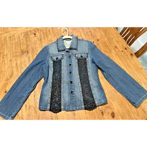 JUST B Blue Denim Western Jean Jacket w/ Black Lace Sequin Detailing - Sz L