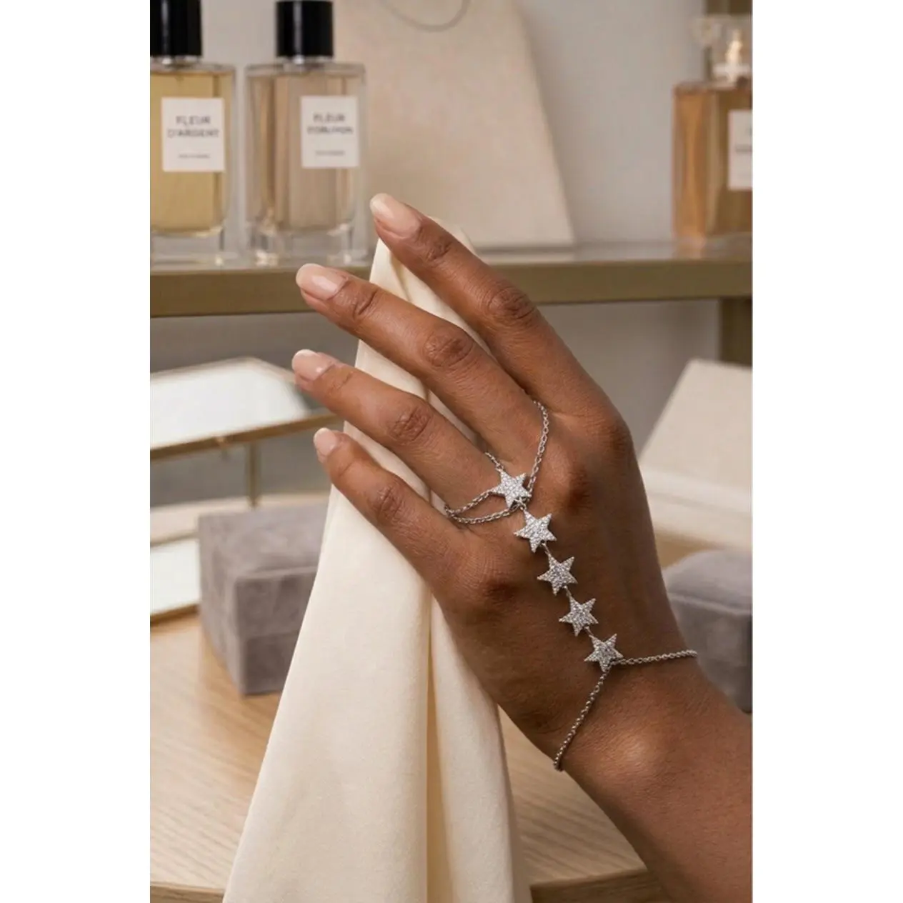 Sparkling CZ Star Hand Chain Bracelet Waterproof Silver Stainless Steel Slave Bracelet for Women Lightweight Adjustable Hypoallergenic