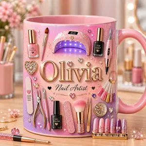 Personalized Nail Artist Mug 2D Printed 3D Effect Custom Name Coffee Cup Pink Glitter Acrylic Nail Design for Nail Tech Manicurist, Nail Salon Lovers Birthday Appreciation Gift Idea Coffee mugs, ceramic mugs,printed mugs, gift mugs, everyday mugs