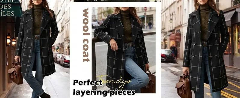 Women's plaid wool blend trench coat with notch lapel – image 4
