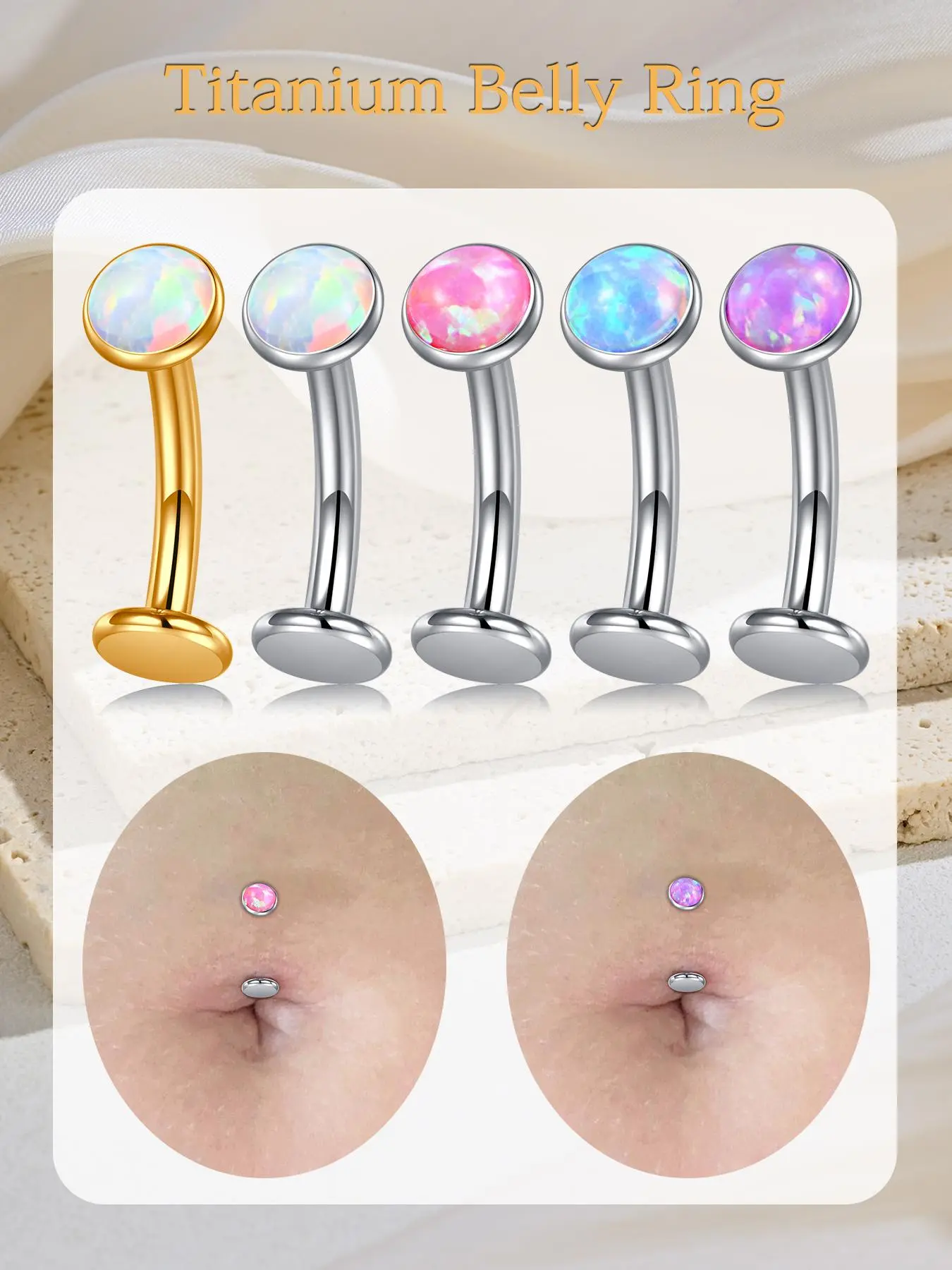 14g G23 Floating Titanium Alloy Belly Button Rings, Titanium Navel Rings, Chic Body Jewelry, Body Piercing Jewelry for Women Men, Imitation Opal Fashion Hypoallergenic Belly Rings, Belly Button Jewelry