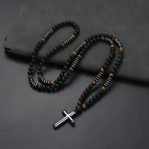 Men's & Women's Matte Black Bead Prayer Necklace with Tiger's Eye Stone & Cross Pendant - -Free Interlocking Beads, Smooth Spherical Design, Christian Religious Jewelry Gift for Christmas, Graduation, Casual Attire (Year-Round)