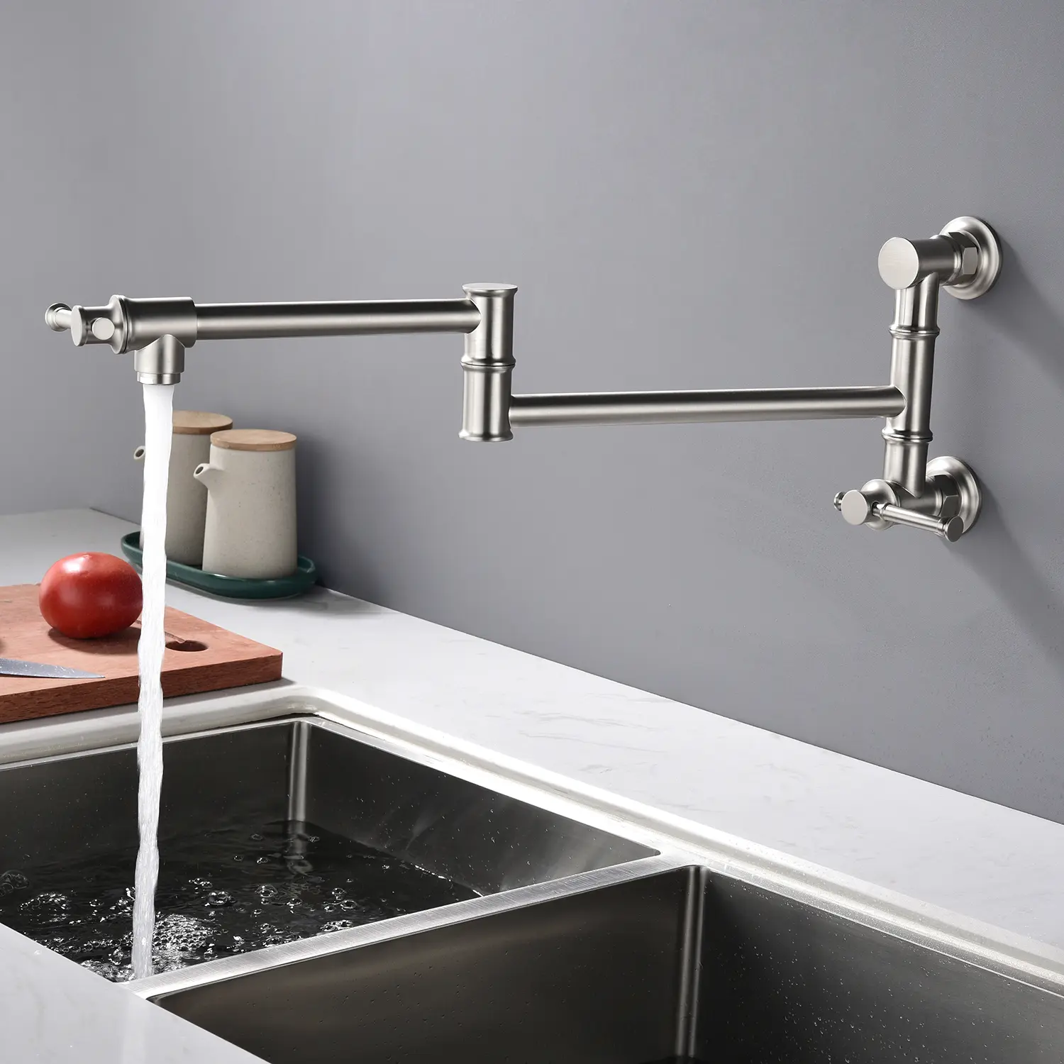 Wall Mount Brass Pot Filler Faucet, Modern Folding 2-Attachment Swing Arm, Dual Handle, Aerated Water Flow, Corrosion & Fingerprint Resistant Finish for Stove Top Kitchen