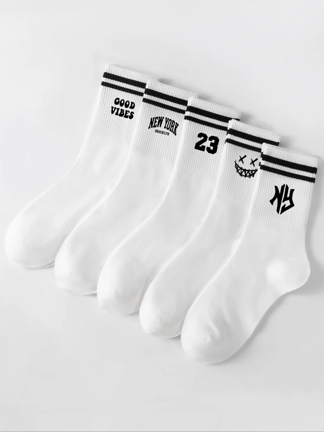 Men's Figure & Letter Print Crew Socks, Casual Comfy Sweat-Absorbing Mid-calf Socks for Fall & Winter, Men's Basic Knit Socks for Daily Wear, Stylish