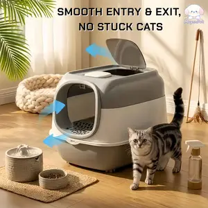 [MeynnPet]  Fully Enclosed Automatic Cat Litter Box / Opens At a 180° Wide Angle / Odor-Free Waste Disposal includes Cat Litter Liner potty