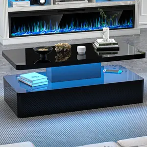 Modern 2-Tier High Gloss Glass Top Rectangle Coffee Table for Living Room, Black Indoor Furniture, Rounded Corners, 16-Color LED Lights, Hidden Power Supply, Home Decor, Mother's Day Gift, Summervibes