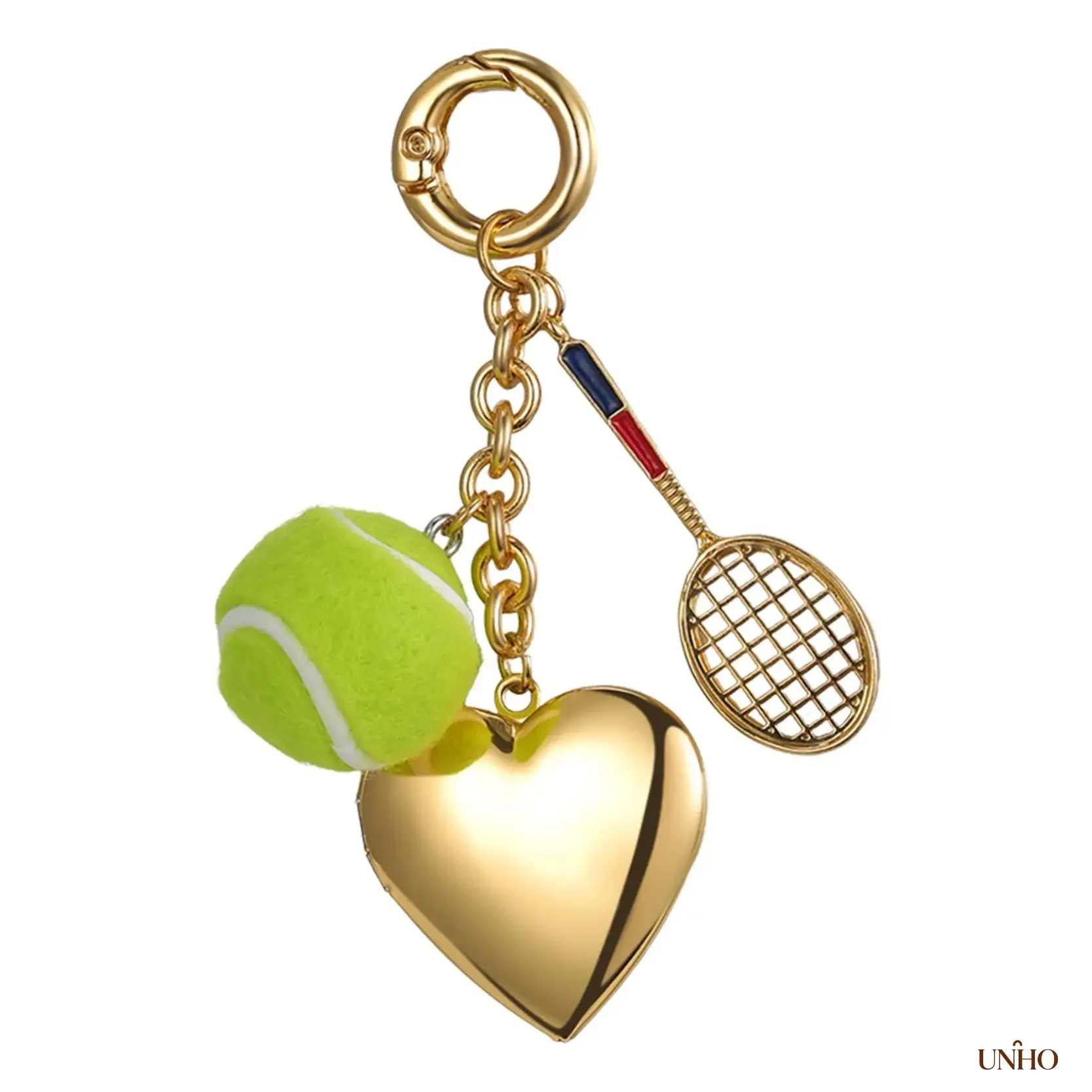 Gold Plated Tennis Heart Locket Key Ring Bag Charm, Cute Pendant With Mini Tennis Ball Racket & Photo Frame, Fashion Jewelry Accessory For Women Purses, Stylish Decor For Summer Outfits