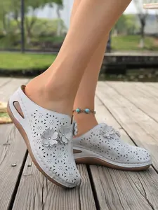 Floral Applique Cutout Wedge Mules, Women's Closed Toe Breathable Casual Summer Footwear