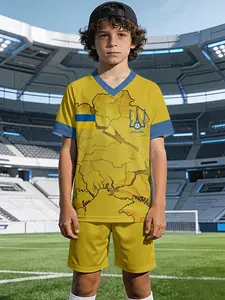 Ukraine Team V-Neck Sport Short Sleeve Shorts Set, 100% Polyester Casual Loose Fit, Summer Fashion Fun Print, Perfect Gift for Boys