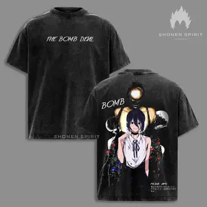 The Bomb Devil Reze Arc Retro Washed Oversized T-Shirt, Heavy Cotton Double Printed Streetwear Graphic Top, Essential Anime Tee for Chainsaw Man Manga Fa