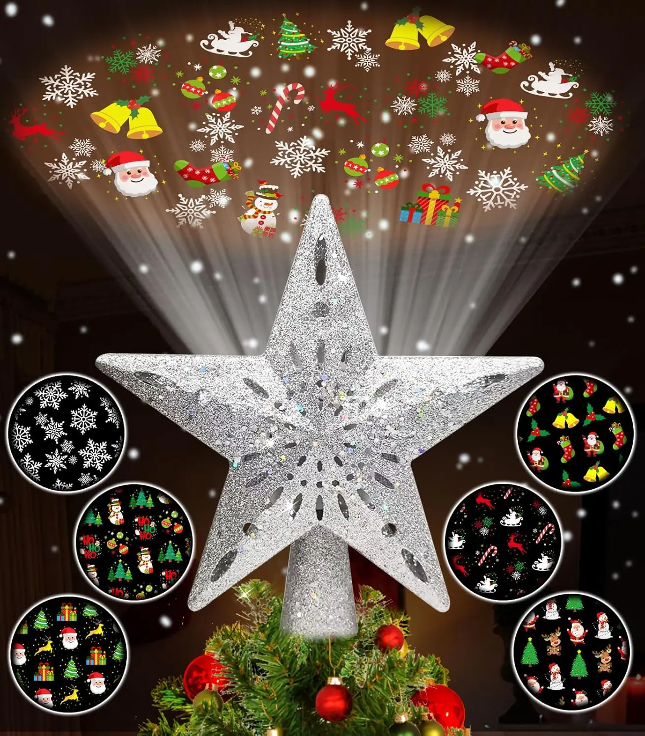 Christmas Tree Topper Lighted,Star Tree Topper with Projector Built-in LED Rotating Lights with 6 Projection Modes,3D Glitter Dynamic Projection Christmas Decorations (Silver)