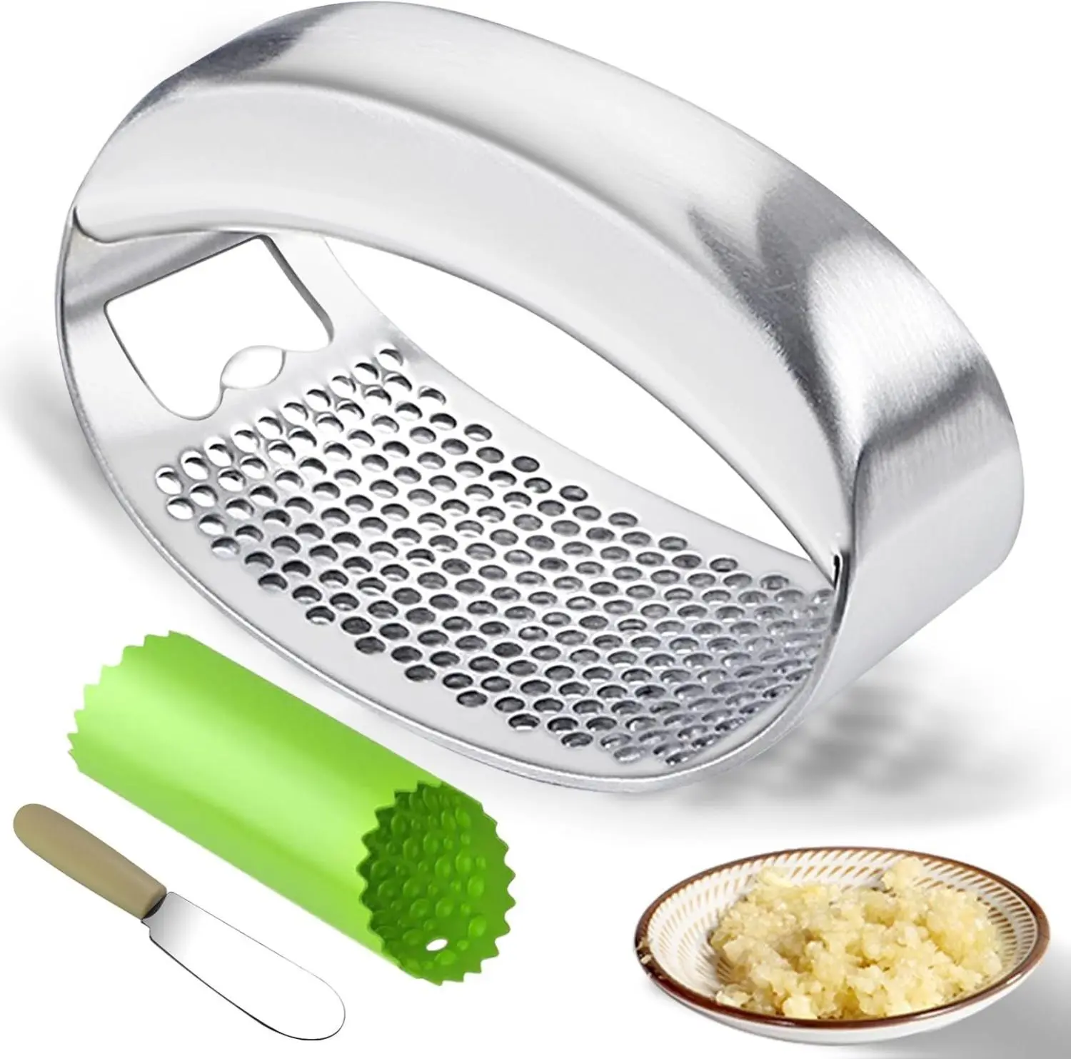 Heavy Duty Stainless Steel Garlic Press Rocker – Food-Safe, Grip, Labor-Saving Kitchen Accessory with Peeler, Scraper, Ergonomic Handle, Built-in Bottle Opener, Manual Press Peeler Multifunctional Kitchen Utensil, Food-Safe Garlic Presses
