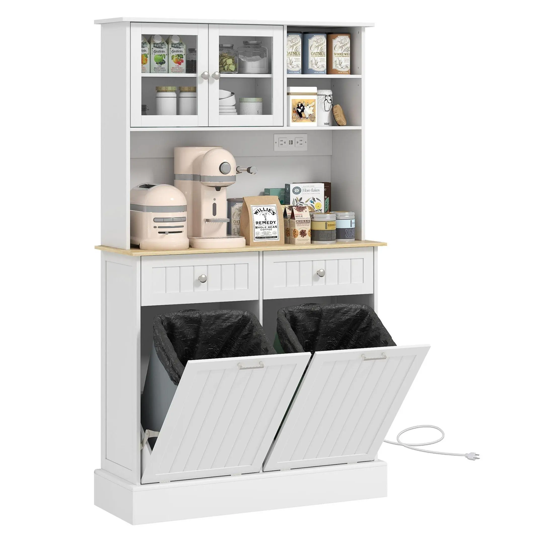 68 in Freestanding White Pantry Cabinet - Indoor Furniture Room Divider with Charging Station, Tilt-Out Trash Cans for Kitchen Storage