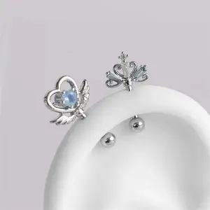 1 PCS Love Wings Fairy Wand Silver Color 316L Stainless Steel Ear Bone Nail for Women
