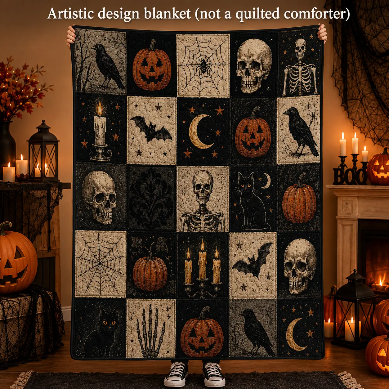 Vintage Gothic Halloween Patchwork Print Throw Blanket, Soft Flannel Pumpkin Skull Crow Black Cat and Skeleton Art for Bedroom and Spooky Lounge Decor, Cozy Lightweight Bed Throw for Movie Night, Halloween Gift for Adults and Gothic Decor Fans