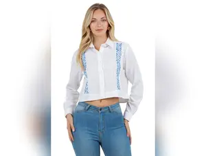 Women's Stylish Cropped Guayabera Shirt with Embroidery