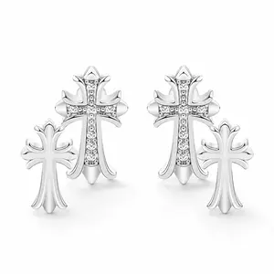 14K Gold Plated Double Cross Stud Earrings for Women - Christian Faith Costume Jewelry, Lightweight Double Piercing Y2K Fashion Accessory Gift
