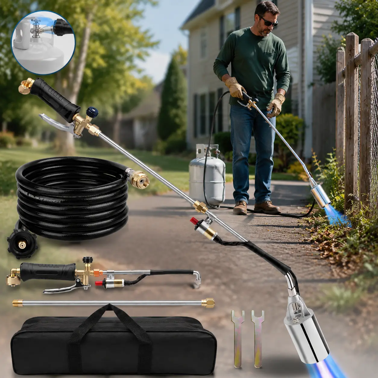 Propane Torch Weed Burner Kit, High Output with Long/Short Mode, Heavy Duty Blow Torch Flamethrower with 12.5FT Hose, Dual Fuel Support for Weed Burning, Melting Ice and Snow, Roofing and BBQ