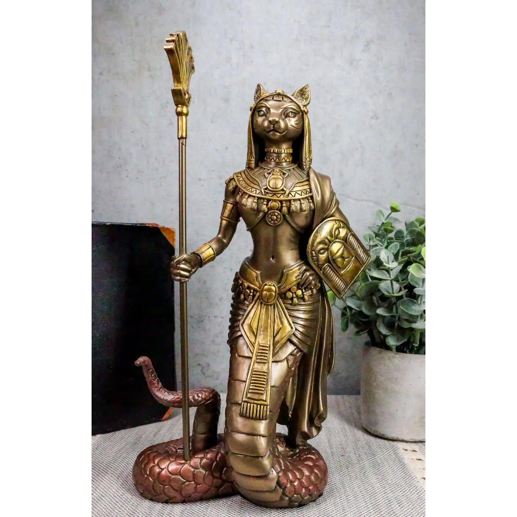 Ebros 11"H Egyptian Bastet Cat With Snake Holding Spear & Shield Statue 11"H