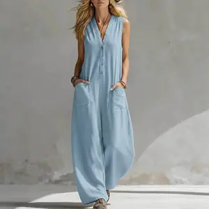 2026 New Women's Sleeveless Linen Cotton Jumpsuit with Pockets - Casual Loose Wide Leg One Piece Outfit, Boho Western Style Overalls for Daily & Vacation biker shorts women women's workout sets summer thermal shorts Retro Low-Waist Fluffy Stitching Shorts