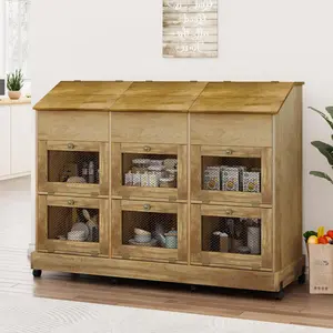 Farmhouse Potato Storage Bin, 48" Wooden Bread & Vegetable Storage Bin with Wheels, Kitchen Pantry Food Storage Organizer for Onion Fruit, Brown